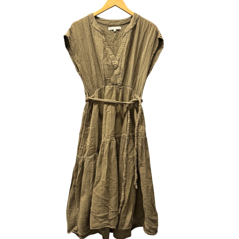 Xirena Drue Midi Dress Womens S Gauze Olive Green Boho Belted V-Neck Cotton